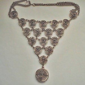 VTG MODERNIST BRUTALIST BOHO SCANDI STYLE BIB NECKLACE CIRCLES CHAIN SILVER TONE